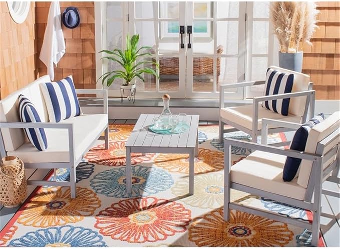 SAFAVIEH Outdoor Collection Montez Grey / Beige Cushions/ Striped Pillows 4-Piece Conversation Patio Set