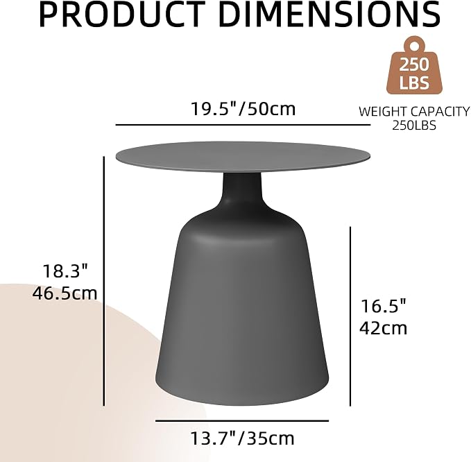 Outdoor Round Side Table, Mid Century Modern Style, Weather Resistant Rust Resistant Aluminum Base, Ideal for Garden, Pool, Patio, Balcony, Living Room, 19.5" x 18.3", Grey