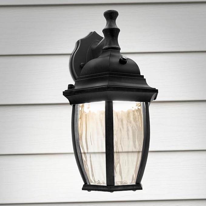 Maxxima LED Black Outdoor Wall Light, 580 Lumens 3000K, Dusk to Dawn Sensor | Clear Water Glass, Warm White, Photocell Sensor, Exterior Patio or Porch Sconce Fixture