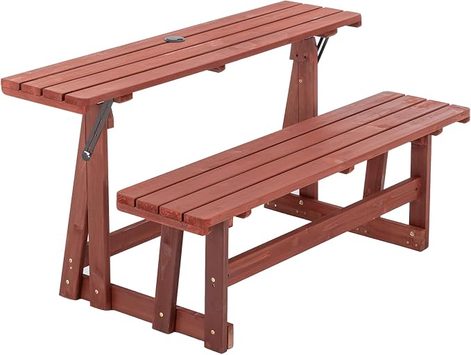 Outdoor Picnic Table 55×29×37"2 in 1 Convertible Wood Bench,UV Protection and Cool Shade Lifetime Camp Stand with Built-In Umbrella Hole,Adjustable Backrest Convert a Patio Dining Set into a Long Seat