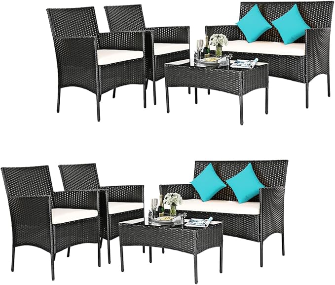 DORTALA Wicker Patio Furniture Set 8 Piece, Rattan Outdoor Table and Chairs Set with Loveseat, Cushions, All Weather Balcony Conversation Sofa Set for Porch, Backyard, Deck, Beige