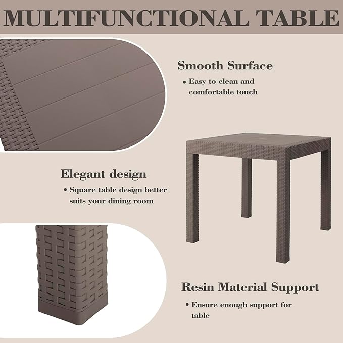 DIMAR GARDEN 5 Piece Patio Dinning Chairs Set, 31.5" Square Table with Umbrella Hole, Resin Dining Chairs with High Back and Armrest, Flax Gray