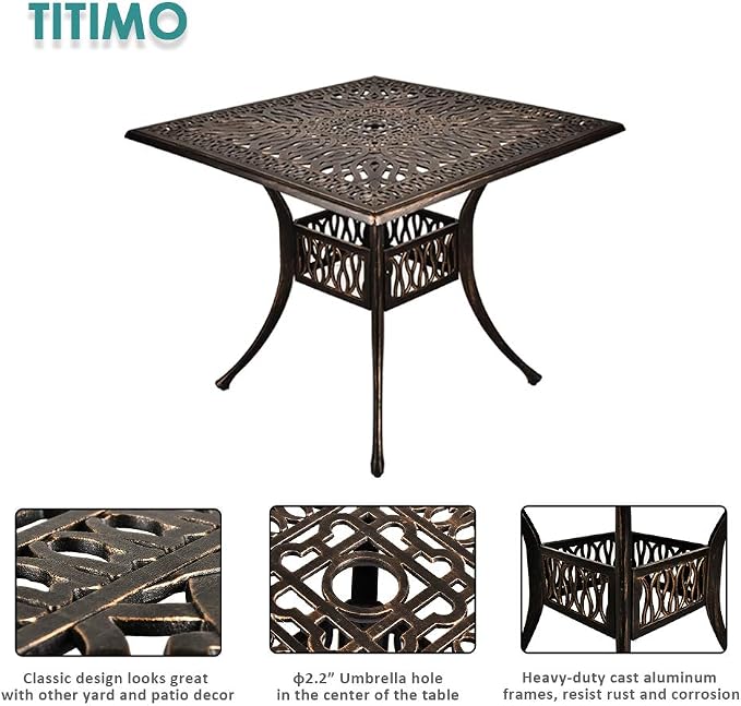 TITIMO 35.4" Outdoor Patio Bistro Dining Square Table Weather Resistant Cast Aluminum Conversation Table with 2.2" Umbrella Hole for Backyard, Garden, Poolside, Balcony(Retro)