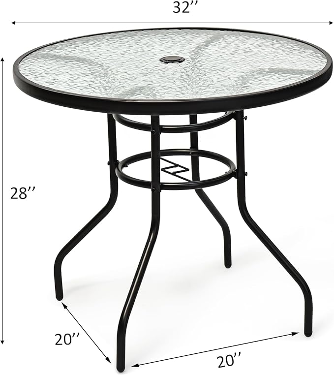 KOTEK 32'' Patio Table with Umbrella Hole, Outdoor Bistro Table w/Tempered Glass Top & Sturdy Metal Frame, Round Patio Dining Table Coffee Table for Garden, Balcony, Poolside