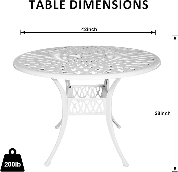 42" Outdoor Dining Table, Round Patio Tables with Umbrella Hole, Cast Aluminum Garden Table Outdoor Furniture Table (White)