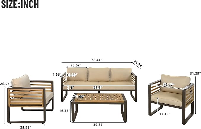 Large 4-Piece Outdoor Patio Sofa Set for 5 People,Garden Conversation Set with Removable Cushions,Metal & Wood Frame,Acacia Wood Tabletop,Modern Minimalist Design,Waterproof and UV-Proof, Brown