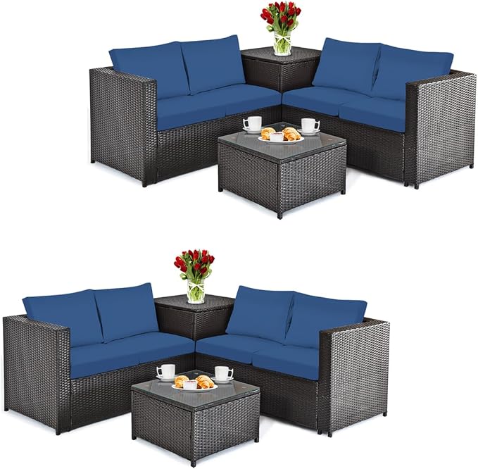 DORTALA 8 Pieces Outdoor Patio Furniture Set, Weather Resistant PE Rattan Conversation Set with 2 Loveseats, Outdoor Sectional Sofa Set with Comfy Cushions for Garden and Poolside, Navy
