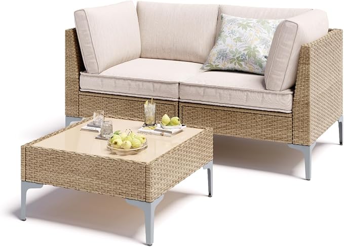 Jing's Villa 3-Piece Outdoor Patio Furniture Set,Rattan Conversation Sectional Sofa w/Coffee Table, All-Weather Patio Conversation Set with Thick and Anti-Slip Cushions for Backyard,Deck,Porch,Beige