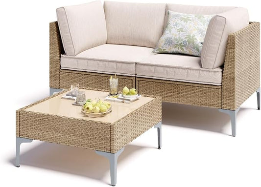 Jing's Villa 3-Piece Outdoor Patio Furniture Set,Rattan Conversation Sectional Sofa w/Coffee Table, All-Weather Patio Conversation Set with Thick and Anti-Slip Cushions for Backyard,Deck,Porch,Beige