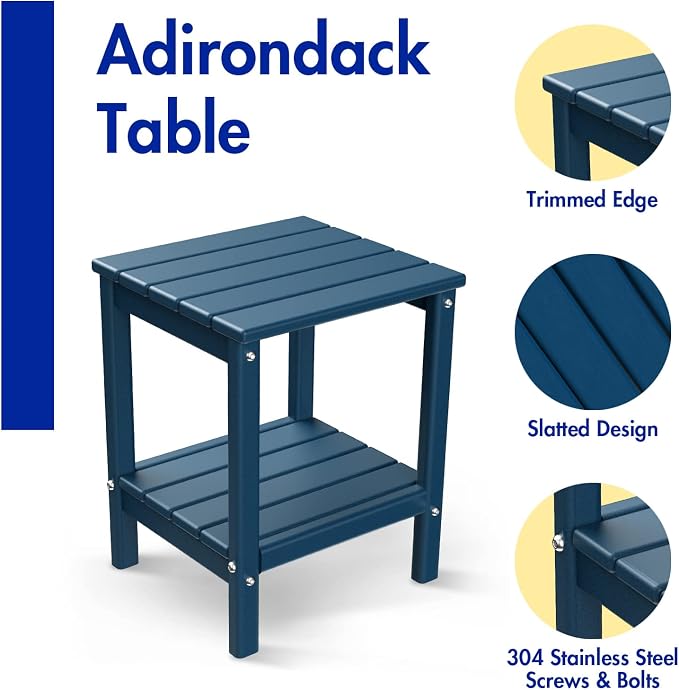 BRIOPAWS Outdoor-Side-Tables | Set of 4 | Small | HDPE Plastic | Patio End-Table | 2-Shelf Adirondack Outside Tables | All Weather | for Poolside Front Porch Indoor Living Room | 14" x 13" | Blue
