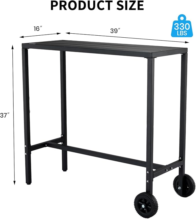 GarveeHome 39 Inch Outdoor Bar Table, Counter Height Table with Wheels & Adjustable Leveling Feet, Portable Black Bar Table for Kitchen, Patio, Balcony, Home Bar