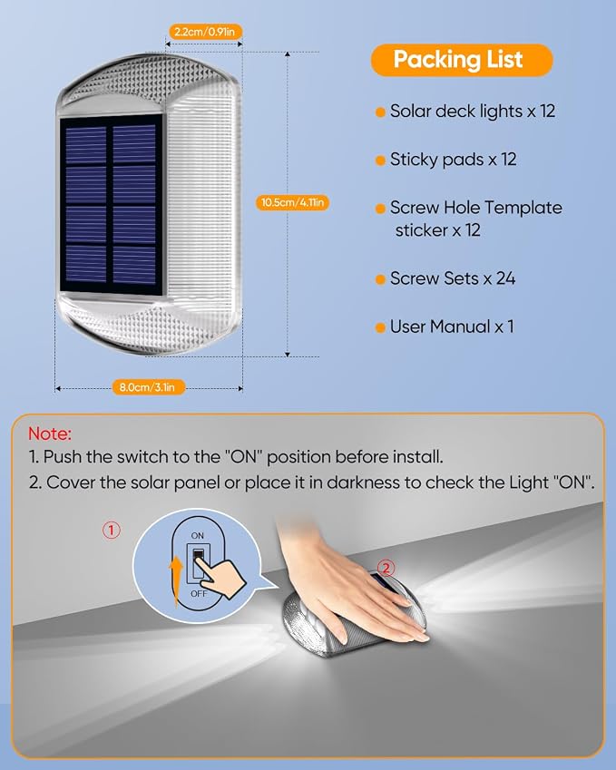 DetarZinLED Solar Driveway Lights Outdoor IP68 Waterproof Led 12 Pack White | Sturdy PC Shell, Stick on & Screw Mount, Markers Light for Outside Deck, Driveway, Step, Walkway, Patio, Pathway, Stair, pool