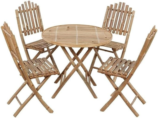 Afuera Living 5-Piece Bamboo Patio Dining Set, Rustic Finish with Blue Cushions, Durable Foldable Design, Outdoor Furniture for Balcony, Terrace, Garden or Casual Dining, Seats 4