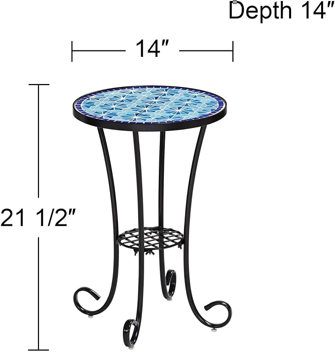 Teal Island Designs Blue Stars Coastal Black Metal Round Outdoor Accent Side Tables 14" Wide Set of 2 Mosaic Tile Tabletop Gracefully Curved Legs for Spaces Porch Patio Home House Balcony Deck Shed