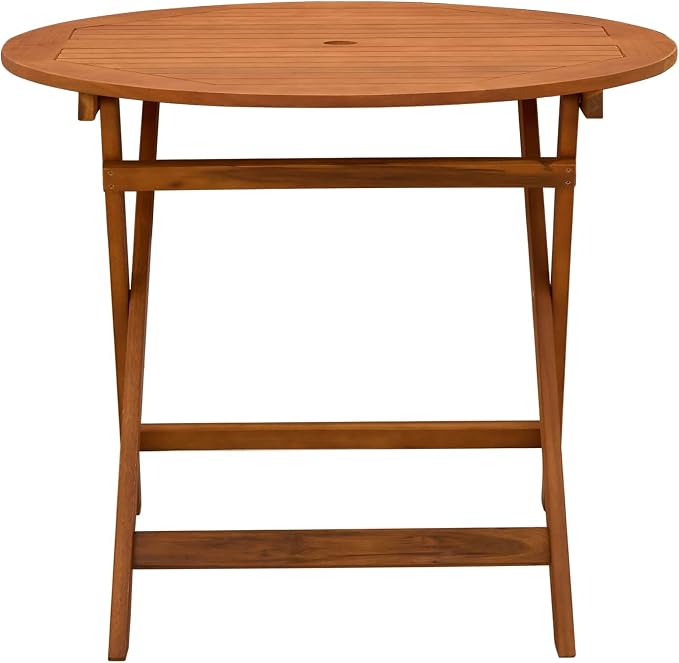 Round Folding Garden Table with Parasol Hole, 35.43 x 29.53 in, Brown, Solid Eucalyptus Wood Frame, Outdoor Patio Dining Table