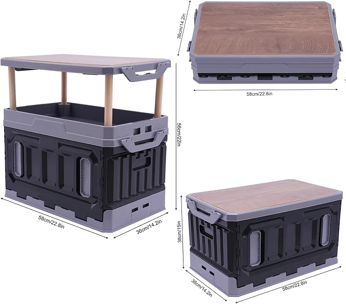 Storage Box, 3 Layers Raised 95 L Folding Table, Portable Foldable Stackable Food Container Box, Picnic Camping Outdoor BBQ Organizer Bins, Black&Grey