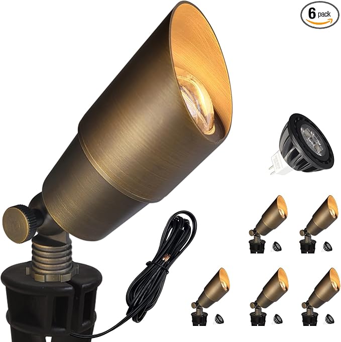 COLOER Brass Landscape Spotlights, 6 Pack Spot Lights Outdoor with 5W Aluminum Housing MR16 LED Bulb 2700K 450LM, 12V AC/DC Low Voltage Outdoor Lighting for Yard, Uplight for Garden and Patio(101B)