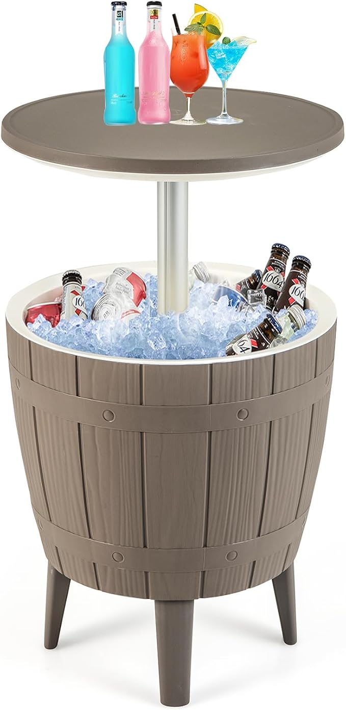 10 Gallon Cooler Table, Cool Bar Table with Height Adjustable Tabletop & Drainage Plug, 3-in-1 Cocktail Drinks & Wine, Outdoor Cooler Side Table for Backyard, Party, Poolside (Brown)
