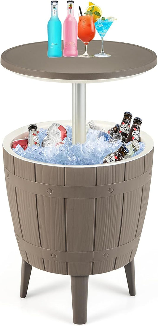 10 Gallon Cooler Table, Cool Bar Table with Height Adjustable Tabletop & Drainage Plug, 3-in-1 Cocktail Drinks & Wine, Outdoor Cooler Side Table for Backyard, Party, Poolside (Brown)