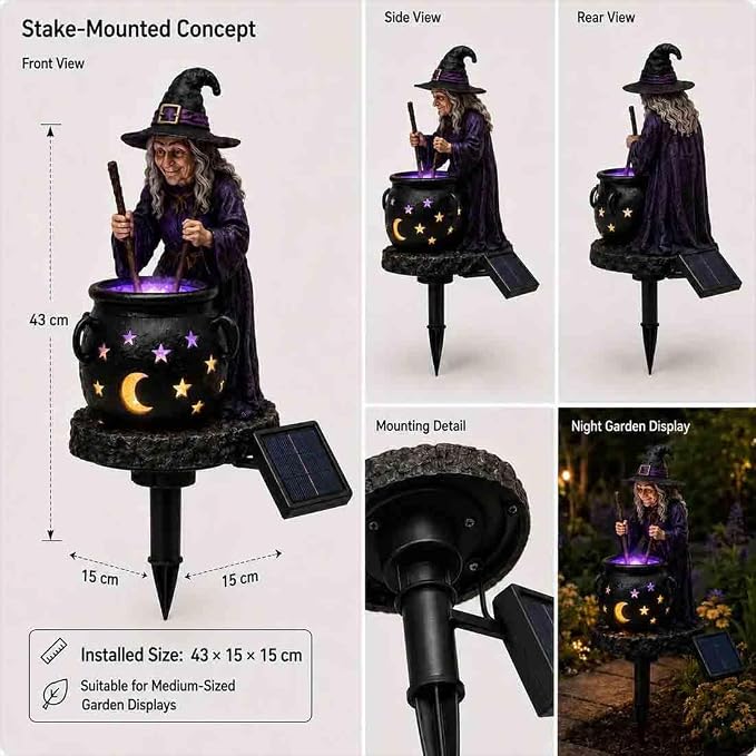 Solar Witch & Glowing Cauldron Halloween Garden Light ，3pc | Solar-powered Halloween Solar Light with glowing cauldron, automatic dusk lighting for garden, porch and pathway décor.