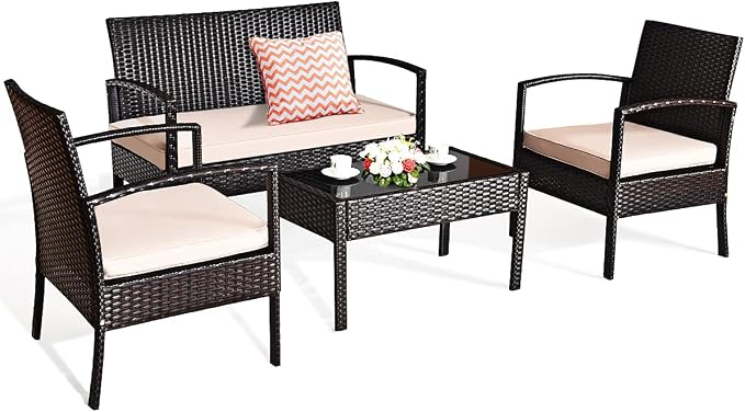DORTALA 4 Piece Wicker Patio Furniture Set, Outdoor PE Rattan Conversation Set with Loveseat, Chairs & Coffee Table for Backyard Porch Garden Poolside Balcony