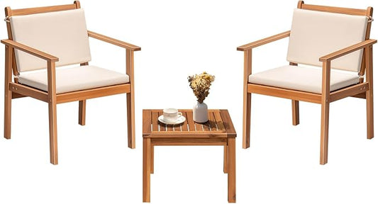 Greesum Outdoor Patio Furniture, 3 Piece Bistro Sofa Set with 1 Coffee Table and 2 Chairs, Acacia Wood Conversation Sets with Cushions, for Garden, Backyard, Poolside, White