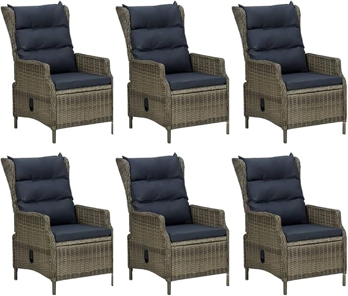 7 Piece Patio Dining Set Brown Poly Rattan Outdoor Rattan Dining Table with 6 Adjustable Backrest Chairs and Tempered Glass Tabletop for Garden Lawn Deck Patio Backyard, Black Cushion