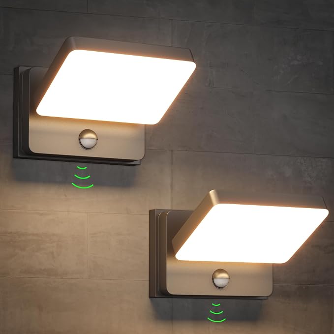 2-Pack Motion Sensor Outdoor Porch Lights Dusk to Dawn Wall Mount | 3 operating modes, IP65 waterproof aluminum construction, 3000K warm glow LED, 350° rotation