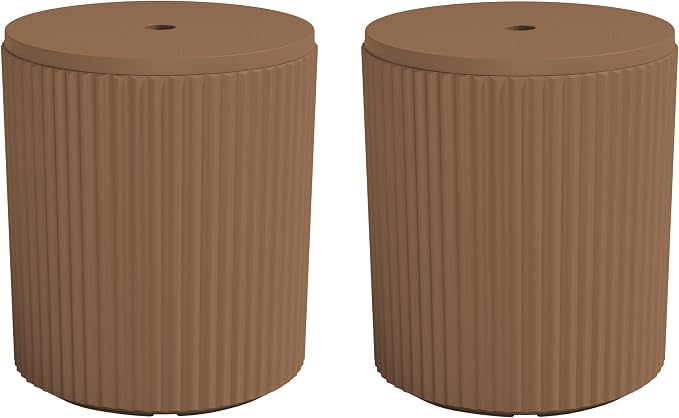 SERWALL Round Outdoor Umbrella Side Table Set of 2 - Outdoor Patio Table with Umbrella Hole for Porch/Patio/Poolside, Brown