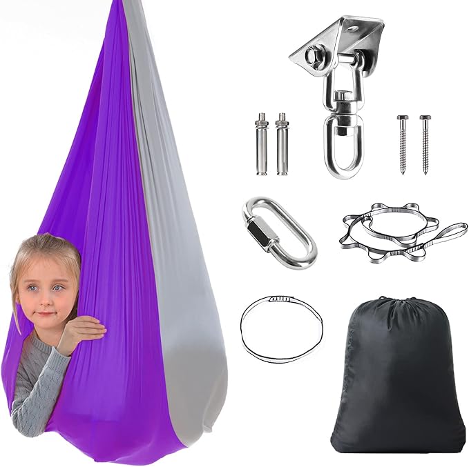Therapy Swing Hammock Kids Cuddle Sensory Swing Indoor Therapeutic Hammock 360° Rotating Double Layer Elastic Rocking Cloth Swing Gifts for Children with ADHD SPD Asperger Autism (Purple+Grey)