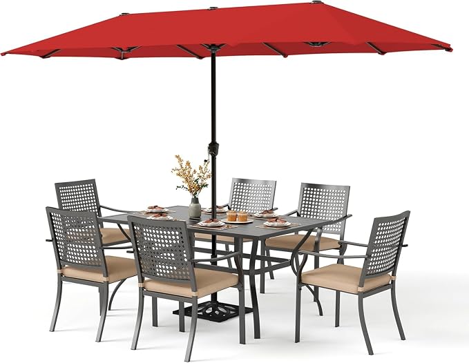 PHI VILLA Outdoor Table Chairs Set w/Umbrella, Patio Metal Furniture for 6 | 60" wrought iron rectangle table & stackable chairs w/ cushions. 13ft red umbrella. 7 pcs furniture set for deck, porch