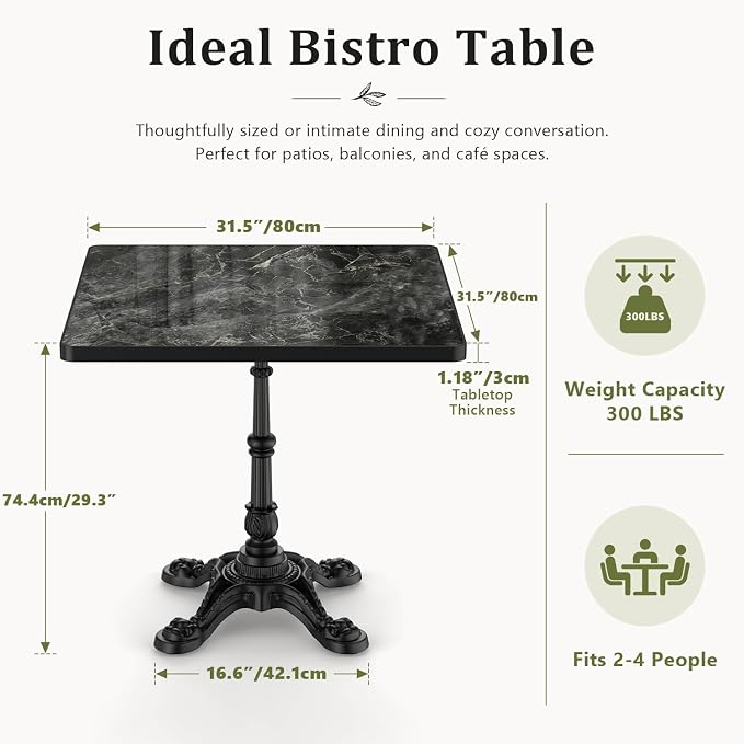 31.5" Outdoor Dining Table, Square Bistro Table w/Sintered Stone Tabletop | and Cast Iron Base, Weather Resistant Anti-Rust Small Patio Table for 2-4 for Outdoor Garden Café Use (Midnight Black)