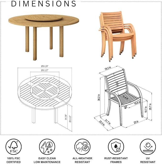 Amazonia Powell 7-Piece Wood Patio Dining Set | Round Eucalyptus Table with Lazy Susan | Ideal for Outdoors