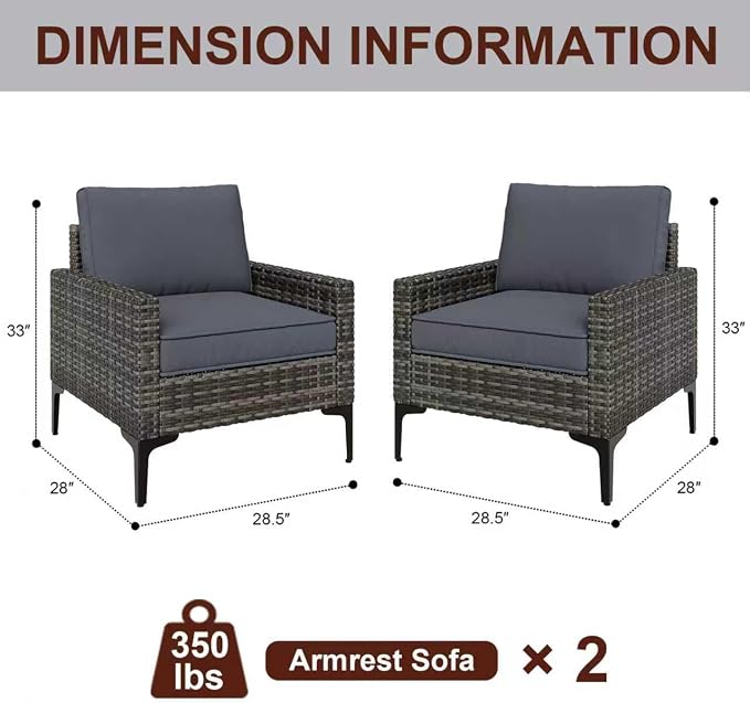 JOYURE 2 Pieces Patio Single Sofa Chairs Outdoor Sofa Armchairs with Anti-Slip Cushions and Waterproof Cover for Balcony,Deck,Grey