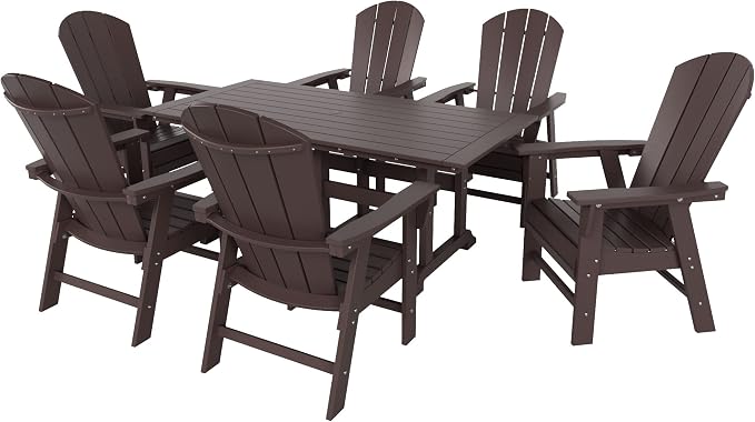 WestinTrends Malibu 7 Piece Adirondack Outdoor Dining Set, All Weather Poly Lumber Patio Table and Chairs Furniture Set, 71" Trestle Dining Table and 6 Adirondack Dining Chair, Dark Brown