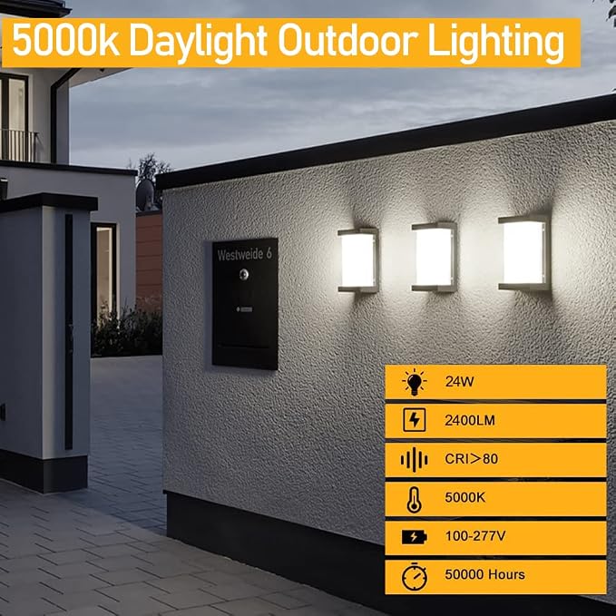 2Packs Porch Lights Outdoor Wall Sconce, 24W 2400LM 5000K Modern LED Porch & Patio Lights, Aluminum Exterior Light Fixture Matt Black IP65 Waterproof for Hallway House Backyard Garage Lighting