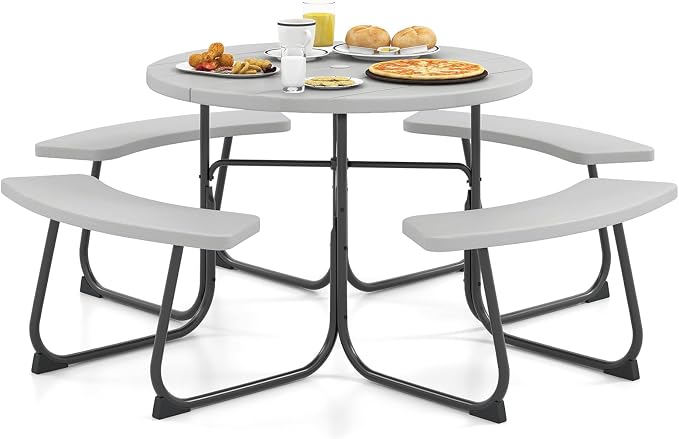 HAPPYGRILL 8-Person Picnic Table Bench Set with Umbrella Hole, 43” Outdoor Dining Table w/4 Benches, Wood-Like Texture Tabletop, Stable U-Shaped Base, Round Table for Backyards, Grey