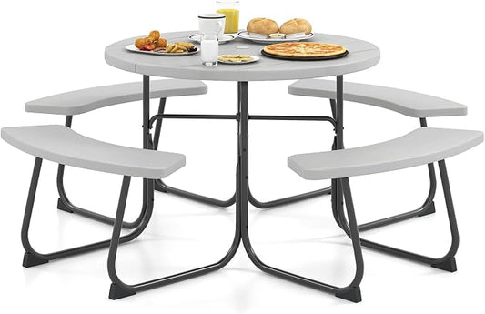 HAPPYGRILL 8-Person Picnic Table Bench Set with Umbrella Hole, 43” Outdoor Dining Table w/4 Benches, Wood-Like Texture Tabletop, Stable U-Shaped Base, Round Table for Backyards, Grey