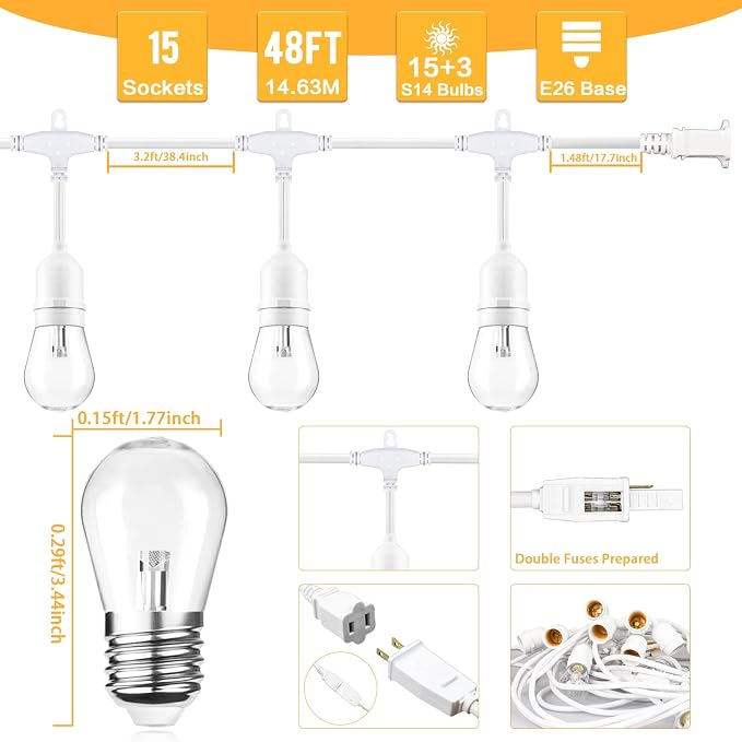 96FT (2x48FT) LED Dimmable Outdoor String Lights, Patio String Lights Waterproof, Commercial Grade&Shatterproof, 4000K Natural White, White Cords, 15 Hanging Sockets String for Backyard, Gazebo