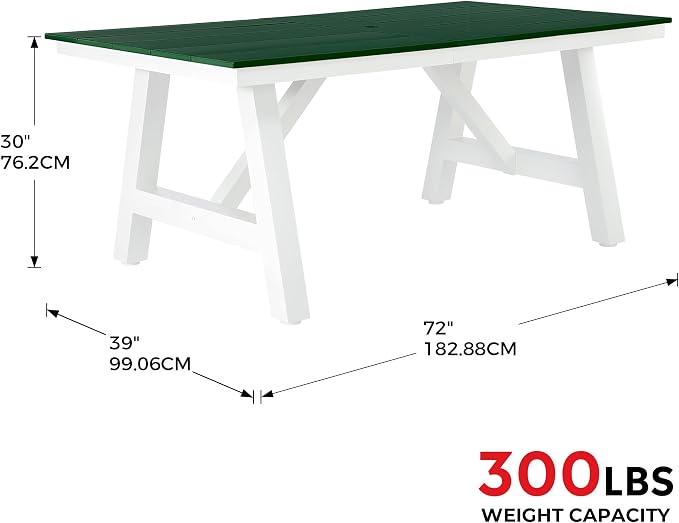 Costaelm Outdoor Dining Tables for Patio, 72" Rectangle 6-Person HDPE Dining Table with Umbrella Hole and Metal Frame for Outside, Garden, Poolside, Backyard, Porch, Balcony, Dark Green