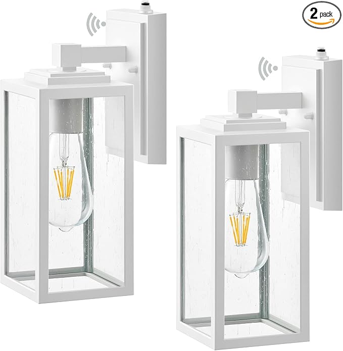 VIANIS 2 Pack White Dusk to Dawn Outdoor Wall Lantern, Waterproof Modern Outdoor Lighting Fixture Wall Mount for Garage, Anti-Rust Exterior Sconce Light with Tempered Seeded Glass for Entryway