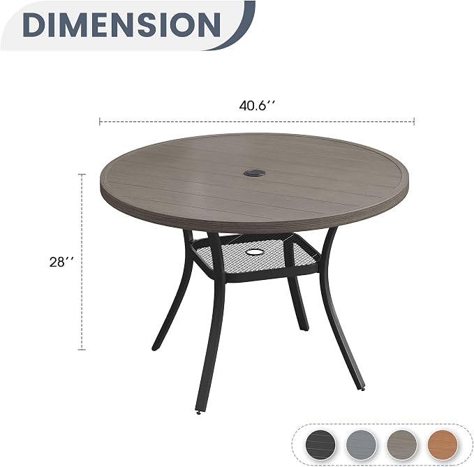 VICLLAX 40.6" Round Metal Outdoor Dining Table for 4, Patio Table with Umbrella Hole and Storage Shelf for Garden, Lawn, Deck, Grey