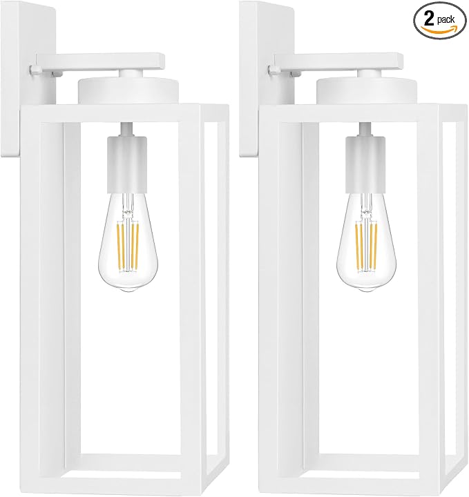 BesLowe 15’’ Large Outdoor Wall Lights, Modern White Exterior Wall Lanterns | Waterproof Metal Construction, Rust-resistant, Quick & Easy Installation, Clear Glass Shades & Standard E26 Socket