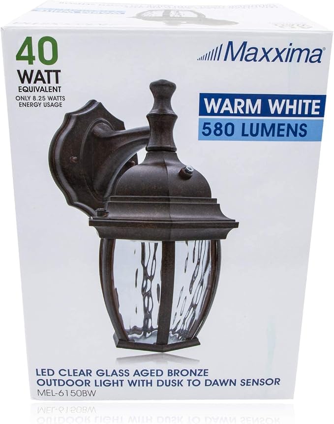 Maxxima LED Brown Outdoor Wall Light, 580 Lumens 3000K, Dusk to Dawn Sensor | Clear Water Glass, Warm White, Photocell Sensor, Exterior Patio or Porch Sconce Fixture
