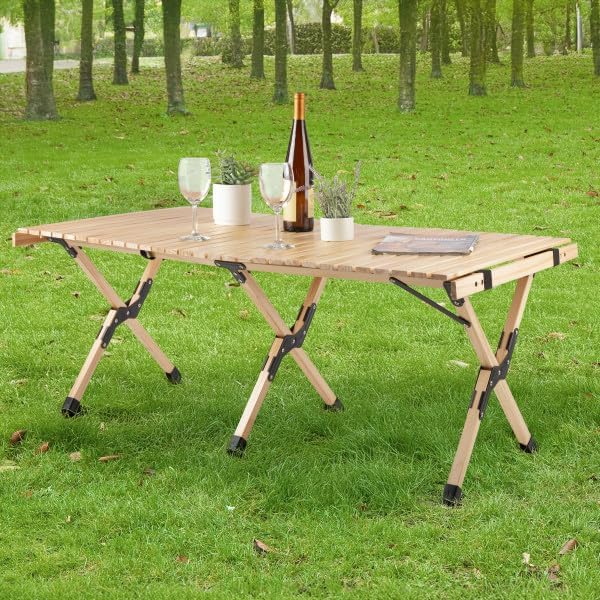 Foldable Camping Table - 4ft Roll-Up Portable Picnic Table with Carry Bag - Indoor/Outdoor Low Height Travel, Party, or Beach Table by Wakeman Outdoors (Natural Wood)