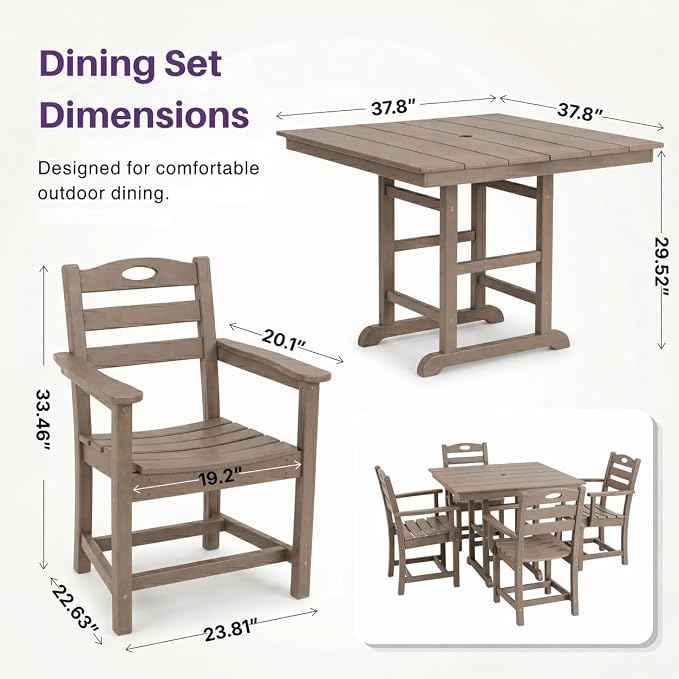 5-Pcs Outdoor Patio Dining Table Set of 5, Outdoor Patio Square 37.8'' Dining Table Set for Lawn Garden Backyard, HDPE Material & 1.7'' Umbrella Hole (Arm Chair, Antique Brown)
