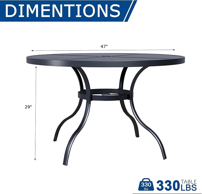 47" Round Patio Table with Umbrella Hole, Metal Outdoor Dining Table for Garden, Backyard and Deck, 6 Person Round Patio Dining Table for Outside, Black Mesh Table