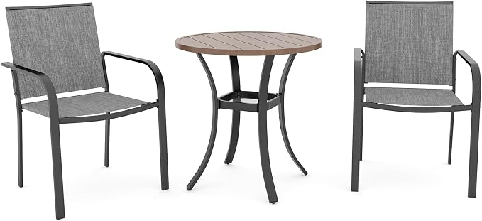 Anmutig Outdoor Bistro Set for 2, Stackable Chairs & Metal Table, Grey | Weather-Resistant Textilene, Black Powder-Coated Steel Frame, Storage Shelf, Easy Assembly, Balcony, Deck, Poolside Use