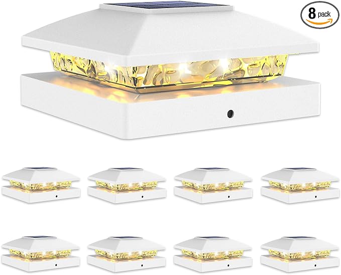 VOLISUN 4x4 Solar Cap Light 8pack, Solar Fence - Post Lights Outdoor Waterproof for Wood/Vinyl, White Deck Cap Light Solar Powered with Warm White for Garden/Patio/Porch