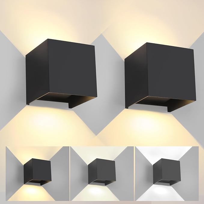 2 Pack LED 20W Outdoor Wall Lights Exterior/Interior 3 Colors Adjustable Wall Sconce Up and Down Light Porch Lights IP65 Waterproof Exterior Wall Sconce Modern Outdoor Lighting Square Aluminum Black